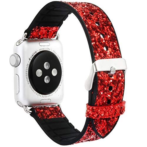 Preisvergleich Produktbild Weihnachts Pailletten Lederband mit kleinem Schraubendreher, luxuriöses Ersatzarmband, funkelndes Armband, geeignet für Party, Dating, Freizeit Für Apple Watch Serie 1 / 2 / 3 / 4 38 / 40mm (rot)