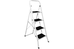 SG Traders 4 Step Ladder Folding Heavy Duty Steel Ladder Reach New Heights With Safe Durable Anti Slip Wide Tread Portable Mat Step Ladders Reliable Elevation Solution For Indoor Outdoor Stool (White)