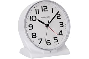 FAMICOZY Automatically Backlighted Alarm Clock,Silent No Ticking for Seniors Vision Impaired,Easy to Set,Big Numbers,Ascending Alarm,Gentle Wake,Snooze,2 AA Battery Operated,White