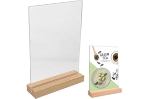 DOUKESH A5 Soporte de Sobremesa de Menu en Acrílico con Base de Madera T - Expositor Metacrilato para Letreros, Carteles de Mesa para Restaurantes y Hotel
