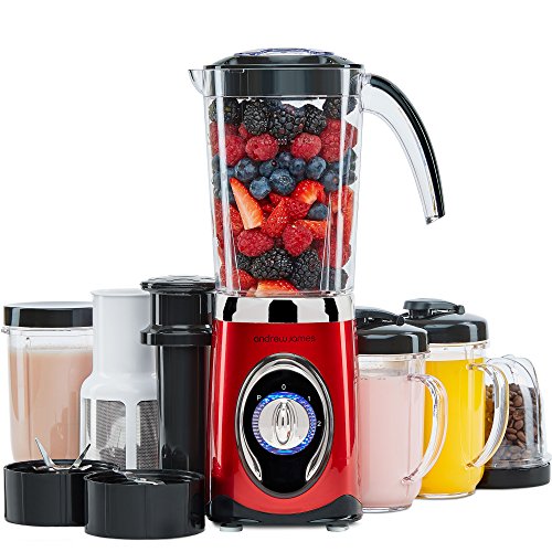 Andrew James 4 in 1 Multifunktionaler Smoothie Maker, 220W, 2 x 600ml Trinkbecher, 1.5L Kapazität – in Rot