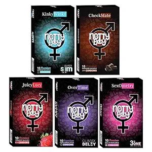 NOTTY BOY Condom Honeymoon Special- Ultra Thin, Extra Time, Ribbed, Dotted, Contour, Strawberry and Chocolate Flavoured Condoms - (5x10s)