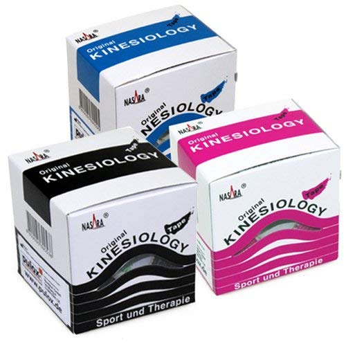 - Cinta de kinesiología de Original Nasara, en práctica caja, varios sets de ahorro de 2 a 12 unidades, 5 cm x 5 m, 1x Blau 1x Pink 1x Schwarz, 3er Sparset 5cmx5m