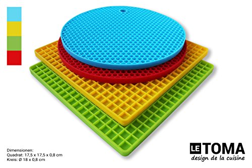 LeTOMA – Topfuntersetzer / Topflappen aus Silikon – 4er Set extrem robust & hitzebeständig – Blau/Gelb/Grün/Rot - 2