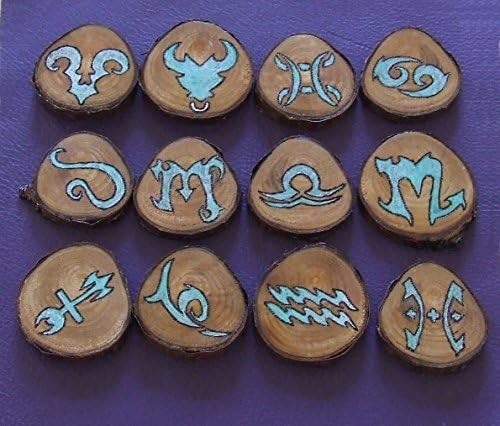 Cherry wood slice pendant, keyring with pyrographed &amp; colored Zodiac symbol.