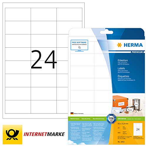 HERMA 5053 Universal Etiketten DIN A4 klein (66 x 33,8 mm, 25 Blatt, Papier, matt) selbstklebend, bedruckbar, permanent haftende Adressaufkleber, 600 Klebeetiketten, weiß