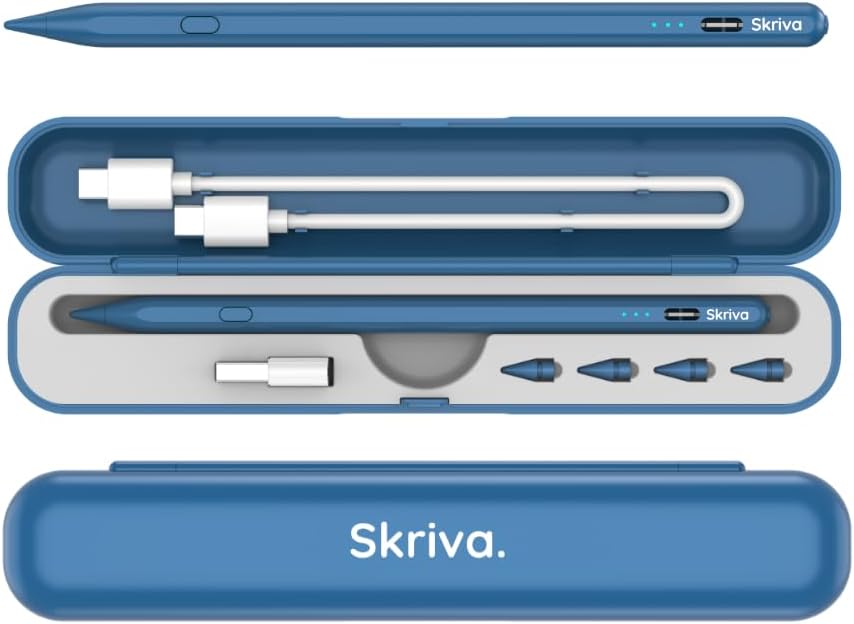 Skriva Stylus Pen for iPad (2018+) with Shortcut Button, Tilt Sensitivity & Palm Rejection, Magnetic Attachment, USB-C Fast Charging, Battery Indicator, Case & Spare Nibs for iPad Pro, Air & Mini