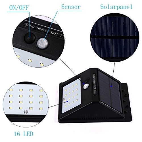ZEEFO 16 LED Solarleuchte Garten , wetterfeste solarbetriebene LED Lampe mit Bewegungssensor Wandleuchte solarlampe Mehr Sicherheit für Innenhöfe, Balkone, Terrassen, Garagen, Einfahrt & Treppen usw. (schwarz -1 Stück) - 3