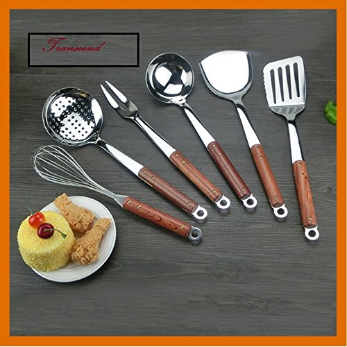 Transcend 6-teiliges Küchenhelfer Set mit Ständer – Pfannenwender Suppenkelle Fleischgabel Schlitz Turner Egg Beater Skimmer - 2