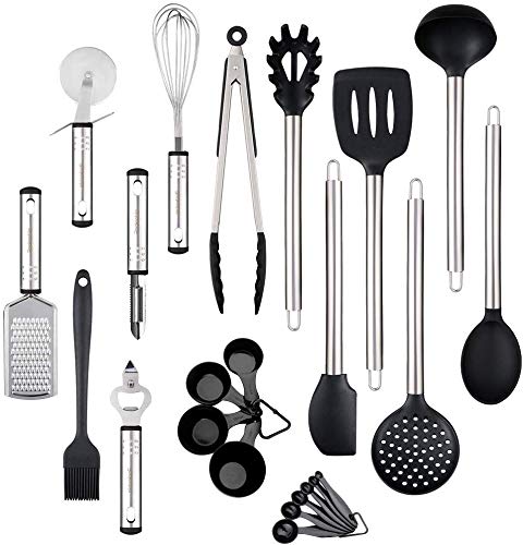 Rackaphile - 23 Piezas Utensilio de Cocina Silicona, Utensilios Cocina Juguete, Certificación de FDA, para Sartén Antiadherente, Utensilio Silicona y Acero Inoxidable, Color Negro