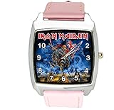 taport® Iron Maiden Quarz Square Armbanduhr Pink Echt Leder Band + Gratis Ersatz Batterie + Gratis Geschenkverpackung