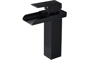 AIMOYO Waterfall Basin Mixer Tap Black Bathroom Sink Tap Single Lever Brass Mono Cloakroom Mixer Taps Waterfall Basin Taps for Bathroom, Cold and Hot Water Available