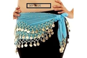 CALVIN KLEIN ck collection ltd 3 Rows Belly Dance Costume Belt Skirt Hip wrap Outfit Gold Coin Bead Scarf (Light Blue)