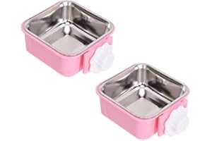 Fuwok 2-IN-1 Removable Dog Bowl for Crates Puppy Food Feeder Water Dish with Bolt Holder Stainless Steel Pet Hanging Bowl Food Water Bowl 2Pcs/Set (Small - Square, Pink)