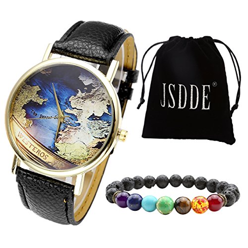 JSDDE Uhren Set Retro Weltkarte Karte Armbanduhr + Lava 7 Stein Armband mit Geschenk Samtbeutel JSDDE Uhren Set Retro Weltkarte Karte Armbanduhr + Lava 7 Stein Armband mit Geschenk Samtbeutel