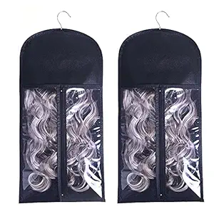 2PCS Hair Extension Holder with Wooden Hanger, Portable Wig Bags Storage, Dust-proof Hair Extension Hanger for Hairpiece Human Hair