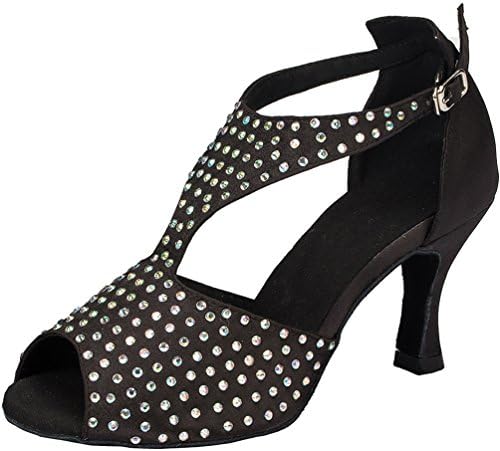 Salabobo L054 Womens Comfort Latin Tango Cha Cha T-bar Custom Heel Professional Satin Dance Shoes Black UK 5.5(2.4IN)