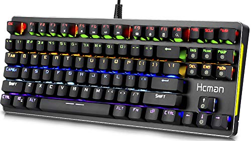 LED Backlit Mechanical Gaming Keyboard,Hcman USB Wired Computer Gaming Keyboard Blue Switches with Cool 6 Colors Light for PC or Mac,87 Keys (Black)
