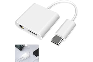DEWFIGS ㅤ Adapter słuchawkowy USB C na gniazdo 3,5 mm, adapter USB C Jack 2 w 1, kompatybilny z Samsung, iPhone 15 Pro, Huawei Xiaomi najnowszymi modelami smartfonów, w tym obsługa i jednoczesne ładowanie