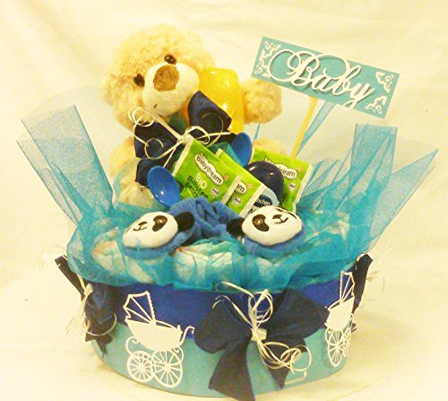 Windeltorte – Pamperstorte mit Pflegeprodukte, Tee, Kuschelteddy, Rasselsöckchen und Trinkflasche, Tolles Geschenk zur Geburt - 2