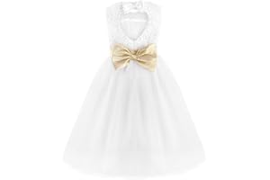 IEFIEL Elégante Robe de Mariage Blanche sans Manches Dos Coeur Noeud Papillon Organza Robe de Baptême Fête pour Enfant Fille 2-16 Ans