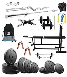 BodyFit 4-in-1 Multicolour Multi Leg Curl Flat Bench Home Gym Dumbbell Set - 50KG , Black