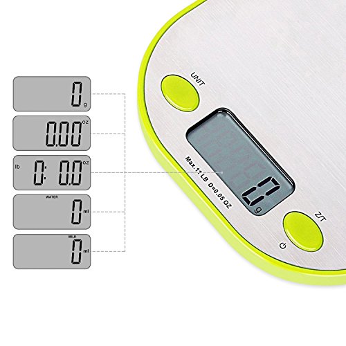 Aicok Küchenwaage, Präzision bis zu 1g (5kg Maximalgewicht), Tara-Funktion, Aufhänger Design mit Edelstahl Teller, Grün - 5