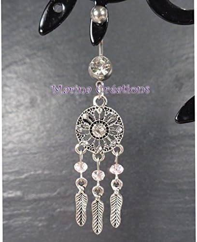 Stainless steel 316L Belly button piercing Dreamcatcher, light pink swarovski crystal bar length 12mm