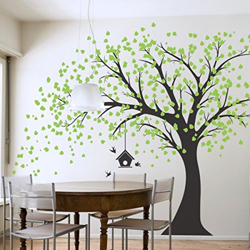 Großer schwarzer Baum als Wandaufkleber, Design mit Grünen Blättern, Vögeln und Vogelkäfig, Vinyl-Wandaufkleber, Aufkleber für Baby- & Kinder-Schlafzimmer, Dekoration