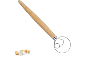ANYUANKW Batidor Danés para Masa,Batidor de Acero Inoxidable Mango de Madera,Danesa Mezclador Artesanal,Estilo Holandés Batidora de Huevo para Pizza,Pastel