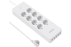 NTONPOWER listwa zasilająca z 8 gniazdami wtykowymi, możliwość przykręcania, 5 portów USB, ochrona przed przepięciem, przewód 1,5 m, 4000 W, 16 A, wtyczka UE, biała, wielokrotnego użytku
