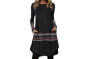 Onsoyours Robe Décontractée Femmes À Manches Longues Col Rond Ample Ourlet Irrégulier Imprimé A-Line Mini Robes Au Genou Tunique Robe De Soirée