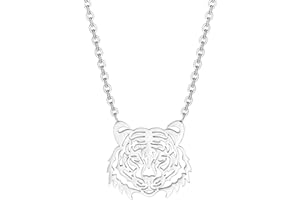 VASSAGO Collar con colgante de animal de tigre para mujeres y niñas, de acero inoxidable, lindo collar de cara de tigre de África, delicado abalorio hueco, regalo de joyería