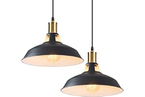 iDEGU Lot de 2 Suspension Luminaire Industrielle, 27CM Rétro Lustre Plafonnier en Métal E27 Éclairage de Plafond Vintage Lampe Suspension pour Cuisine Salon Salle à Manger Restaurant (Noir + Blanc)
