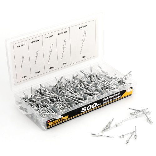 AlltradeTradespro Aluminum Rivet Assortment, 500 Pieces, Multiple Sizes, Fasteners with Organized Storage Case, 836341