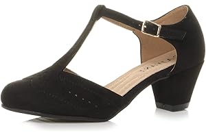 AJVANI Womens Ladies mid Low Block Heel t-bar Brogue Comfort Rubber Sole Court Shoes Sandals Size