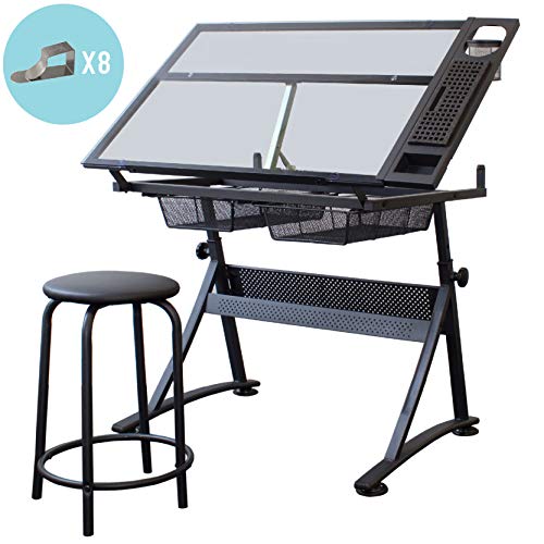 Stationery Island FOULA-TP2 Table à Dessin pour l'Art et l'Artisanat - Bureau à Dessin Inclinable en Verre avec Rangement, Tabouret et Pinces