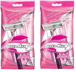 New Supermax-3 Blade Disposable Razor For Women - 5 Razors in A Pack - Safe Manual Hair Removal for clean skin By RMR Jaihind - Pack Of 2 (10 Razors)