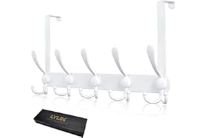 LYLIN Perchero Puerta, Colgador Puerta en Acero Inoxidable con 15 Ganchos, Ganchos de Perchero para Dormitorio Baño Pasillo y Cocina (Blanco, puerta espesor menos de 4.5cm)