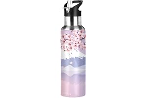 Mnsruu Fuji Japan Kirschblüte Trinkflasche Wasserflasche mit Strohhalm für Sport, 600ML Thermosflasche BPA-frei Isolierflasche Edelstahl 18/8 für Kinder Wandern Schule