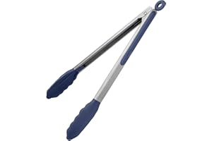 U-Taste 30 cm Pinza da cucina in silicone resistente al calore 315℃ con punte in gomma antiaderente ben sigillate e manico in acciaio rivestito in silicone e bloccaggio liscio (Blu Mezzanotte)
