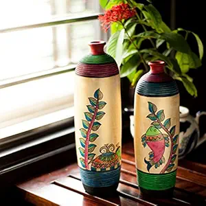 ExclusiveLane Madhubani Handpainted Living Room & Home Decorative Bottle Shaped Flower Terracotta Vases (9.9 cm x 9.9 cm x 33.3 cm, Set of 2) (EL-006-056)