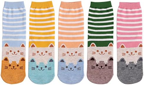 LHZY Womens Girls Socks 5 Pack,Fun Cute Cats Cartoon Sweet Animal Design Cotton Blend Crew Over Ankle