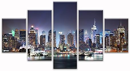 New York City Cityscape wall art canvas prints art home decor MANHATTAN NIGHT LIGHTS for living room black and white modern Pictures pictures 5 panel large HD printed painting Framed Ready to hang …