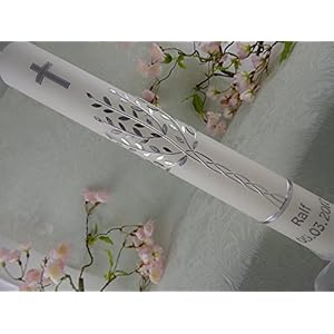 Taufkerze Kommunionkerze Lebensbaum silber Taufkerzen Kommunionkerzen Junge Mädchen 400/40 mm inklusive Beschriftung