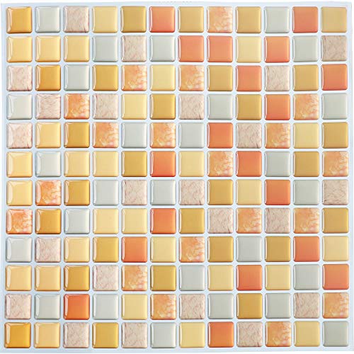 Yoillione 3D Autocollant Mural Imperméable Auto-adhésif en Mosaique Carrelage Adhesif Mural Salle de Bain, Carreaux Adhesif Mural Cuisine, Revetement Mural Jaune Carrelage Autocollant, 4 pcs