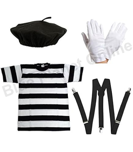 5 pezzi costume francese donna uomo costume da artista mimo accessori -- berretto francese, guanti, bretelle a Y, sciarpa rossa, adesivi per il viso, cosplay carnevale vestito per festa mondiale del