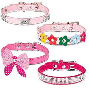4 Pcs Pink Dog Collar Spiked Studded Dog Collars Pearls Dog Necklace Dog Collar with Rhinestone Bow Knot Crystal Diamond Colorful Flower Bling Girl Dog Cat Collars for Dogs (X-Small, Novel Style)