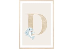 MeinBaby123® Poster con lettere, formato DIN A4, per cameretta dei bambini, decorazione per la cameretta dei bambini, idee regalo per la nascita, lettera D (dolce delfino)
