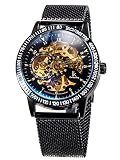 Alienwork Herren Damen mechanische Automatik-Uhr schwarz mit Milanaise-Mesharmband Edelstahl Skelett
